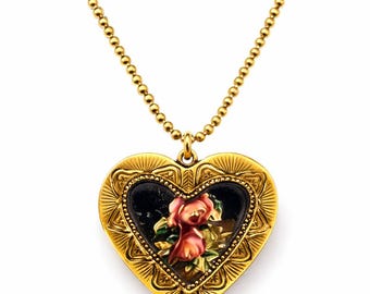 Michal Negrin Heart Locket Necklace, Vintage Floral Pendant, Romantic Antique Gold Tone Jewelry