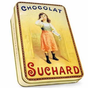 May include: Vintage Suchard Chocolat tin. The rectangular tin features a colorful illustration of a young girl eating chocolate. The word "CHOCOLAT" is at the top, and "SUCHARD" is at the bottom. The tin has a gold border.