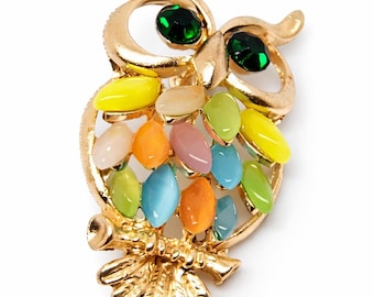 Vintage Owl Brooch Gold Tone Multicolor Rhinestones Emerald Green Eyes Animal Pin