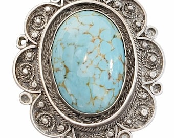 Vintage Israeli Sterling Silver Turquoise Brooch Pendant 925 Large Statement Cabochon Signed 1950s Artisan Jewelry
