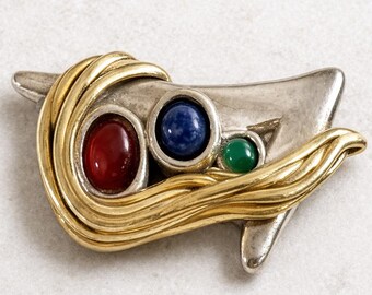 Vintage David Varsano Brooch Pendant 925 Sterling Silver 24K Gold Plated Gemstone Pin Lapis Carnelian Green Stone Jewelry