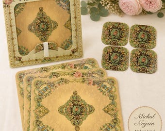 Michal Negrin Placemats Set Vintage Style Floral Table Mats & Coasters Set of 4 Romantic Victorian Israel Table Decor Gift