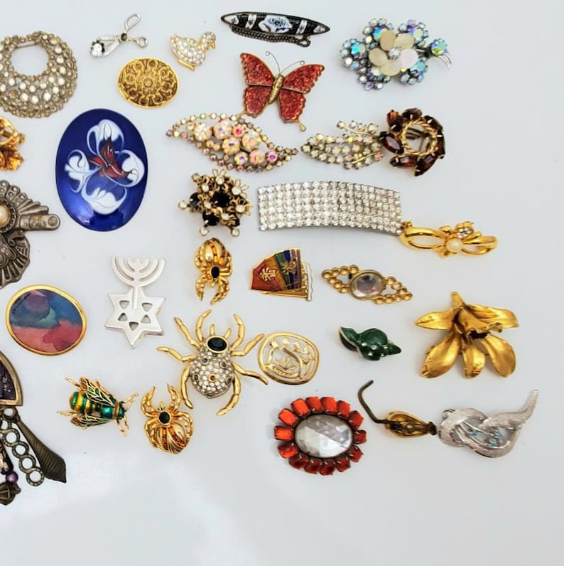 May include: A collection of assorted vintage-style brooches and pins featuring various shapes including a red butterfly, a blue oval enamel piece, spiders, a gold flower, a menorah, and numerous rhinestone-encrusted designs in gold and silver tones.