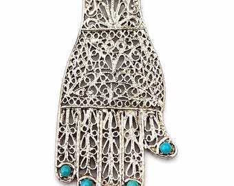 Vintage Yemenite Hamsa Pendant Sterling Silver 925 Filigree Turquoise Cabochon Judaica Hand Necklace Charm Large Statement