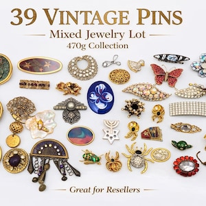 May include: A collection of 39 vintage pins, including brooches, barrettes, and decorative accents. The pins feature various designs, such as butterflies, flowers, and geometric shapes, with a mixed jewelry lot weighing 470g. The text reads "39 Vintage Pins".