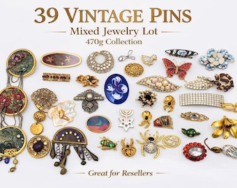 Vintage Brooch Lot 39 Pieces, Mixed Pins Collection, Gold Tone Rhinestone Enamel, Reseller Lot