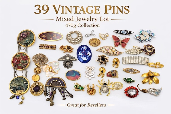 Vintage Brooch Lot 39 Pieces, Mixed Pins Collection, Gold Tone Rhinestone Enamel, Reseller Lot