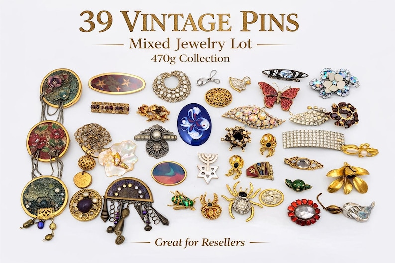May include: A collection of 39 vintage pins, including brooches, barrettes, and decorative accents. The pins feature various designs, such as butterflies, flowers, and geometric shapes, with a mixed jewelry lot weighing 470g. The text reads "39 Vintage Pins".