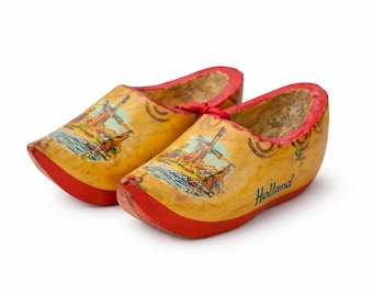 Vintage Dutch Wooden Clogs Pair, Hand Painted Miniature Shoes, Holland Souvenir, Folk Art Gift