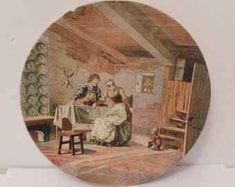 Antiker Sarreguemines Teller: Viktorianische Interieur-Szene Transferware Französische Keramik (22 cm)