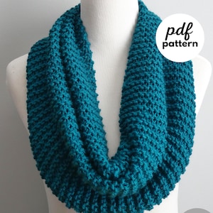 Op de afbeelding: Tealgekleurde gebreide infinity sjaal, getoond op een mannequin. De sjaal heeft een dik, getextureerd breipatroon. De tekst "pdf pattern" en "fiber flux" is inbegrepen.