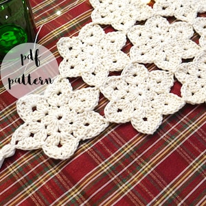 May include: A white crocheted table runner with a snowflake pattern and a tassel. The runner is on a red and green plaid tablecloth. The text "pdf pattern" is visible in the image.