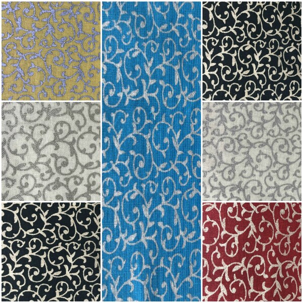 100% Cotton Fabric New Silver Scrollwork Swirls Metallic Foil Christmas Cotton Black Maroon Blue Festive Season