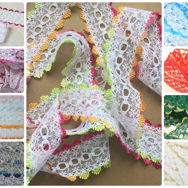 Dovecraft Eyelet Knitting in Lace Per Metre - 7 colours Gold, Multicoloured, Pink , Blue , Light Blue, Cerise pink Ombre Trimmings Lace