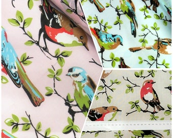 Tela de polialgodón impresa, Material de confección artesanal, pájaros coloridos en ramas/pájaro de 12cm
