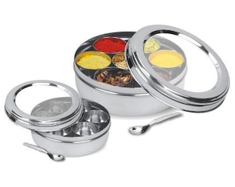 See Through Lid Stainless Steel Masala Dabba 23cm - Authentic Indian Cooking spices and Quality Herbs,Spices by Balsara's Online