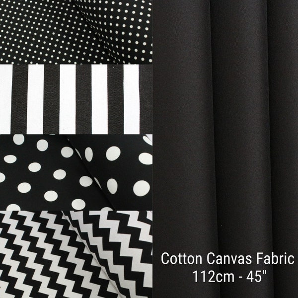 100% Premium Cotton Canvas Fabric Heavy Black/White Upholstery 114 cm - 45” Quilting Curtain Cushion Dressmaking Bag Making Material