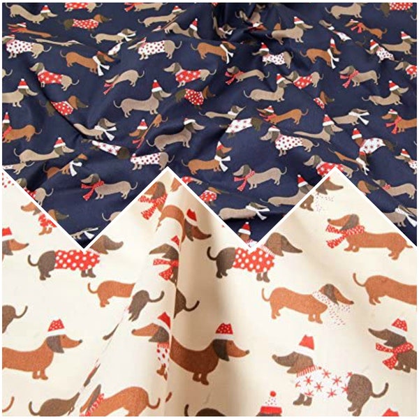 Polycotton Fabric Christmas Dachshunds in Jumpers Dogs Xmas Festive Season Fabric 112cm