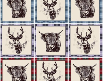 Freedom Fabric Highland Cow and Stag Panel in Blue, Purple and Red Highland Panel 100% Designer Quilting Cotton - Scottish Pride