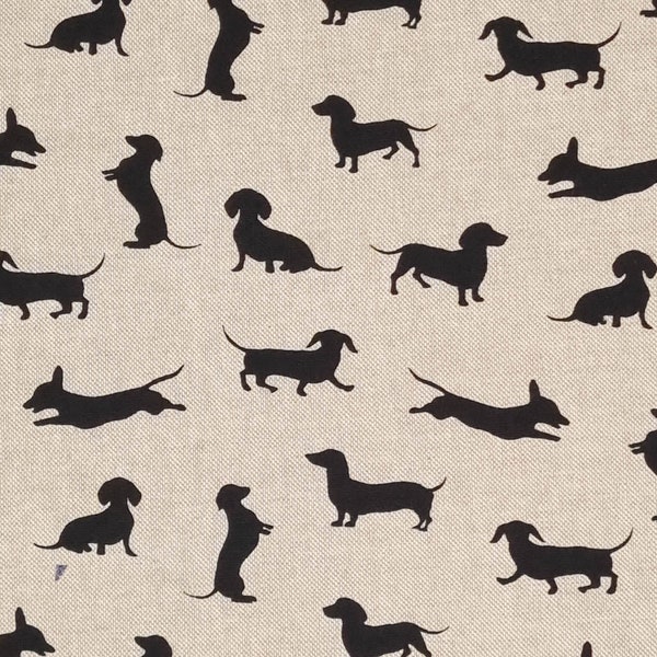 Black Dachshund Fabric Sausage Dog Cotton Rich Linen Look Linen Printed Fabric on Canvas Material Daschund Dog Fabric