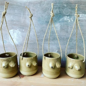 May include: Four hanging planters made of brown ceramic with a textured surface. Each planter has two raised circles on the front, resembling breasts. The planters are suspended by brown twine.