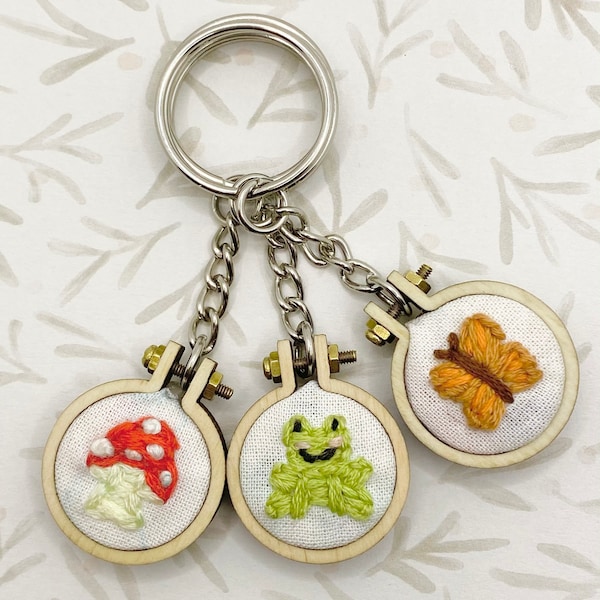 Frog, mushroom, and butterfly embroidered keychain