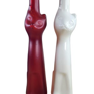 Pair Moselland Cat Wine Bottles | Frosted Red & White Glass | Empty Collectible Riesling Bottles Germany