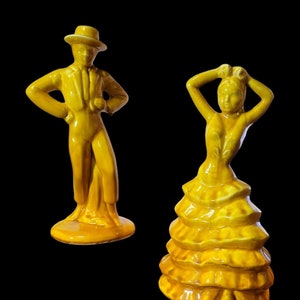 MCM Flamenco Dancing Couple Ceramic Gold Mustard Tone 12&quot; Figurines Crazing