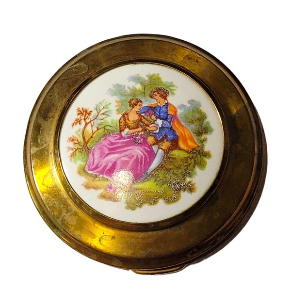 Vtg Courting Couple Brass Porcelain Ladies Mirrored Powder Compact Great Britain