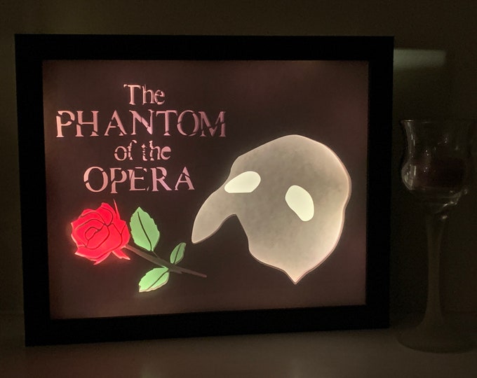 The Phantom of the Opera, Phantom of the Opera mask, theater playbill, light lightbox shadow box frame Great Gift for Opera lover, wall art