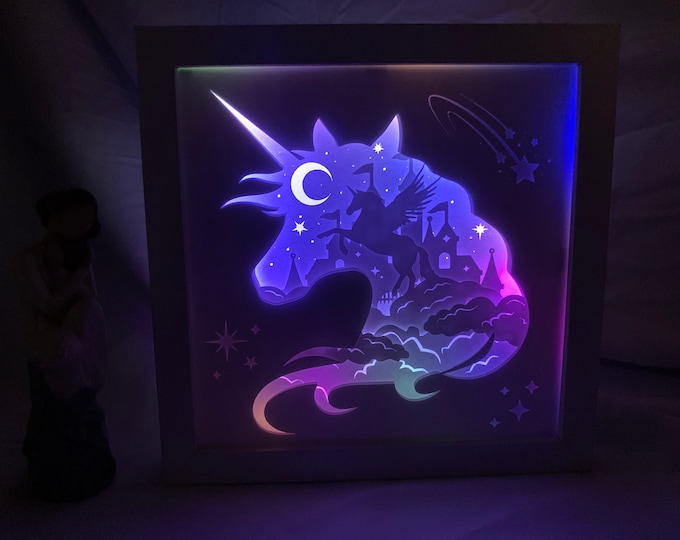 Unicorn lamp, Colorful Shadowbox Frame, Gift for little girls, Nursery decor, Bedroom Decor, Mystical,  wall art, led light, unicorn decor