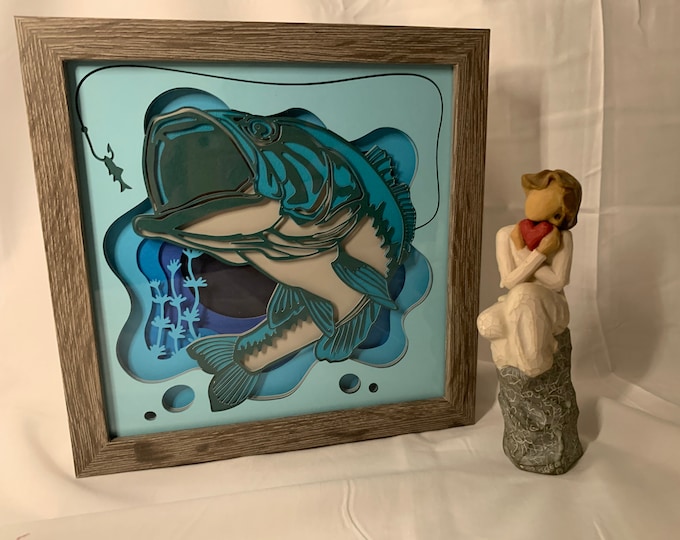 Big Mouth Bass, layered decorative frame, Kids, wall art, Shadow Box Frame, Great gift for Fisherman, dad, grandpa, grandfather, pop