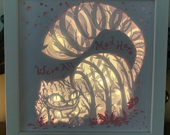 We’re all Mad Here, Alice in Wonderland, Cheshire Cat, Decorative Shadow Box Shadowbox Frame, Unique gift! Bedroom Decor Great for Kids Room