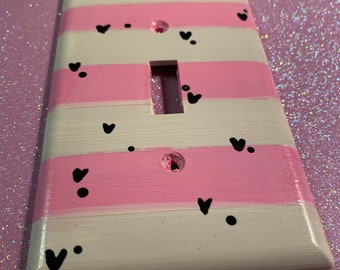 Pink Stripes and Black Hearts Light Switch Cover Plate, Created by Autistic Artist, Support Art in Autism, Spread Awareness,