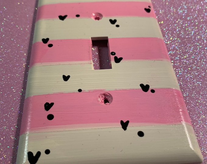 Pink Stripes and Black Hearts Light Switch Cover Plate, Created by Autistic Artist, Support Art in Autism, Spread Awareness,