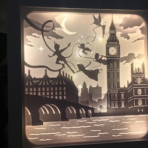 Peter Pan, Tinkerbell and the children, Neverland, Lightbox lighted shadow box frame , light lamp, bedroom decor, great for nursery