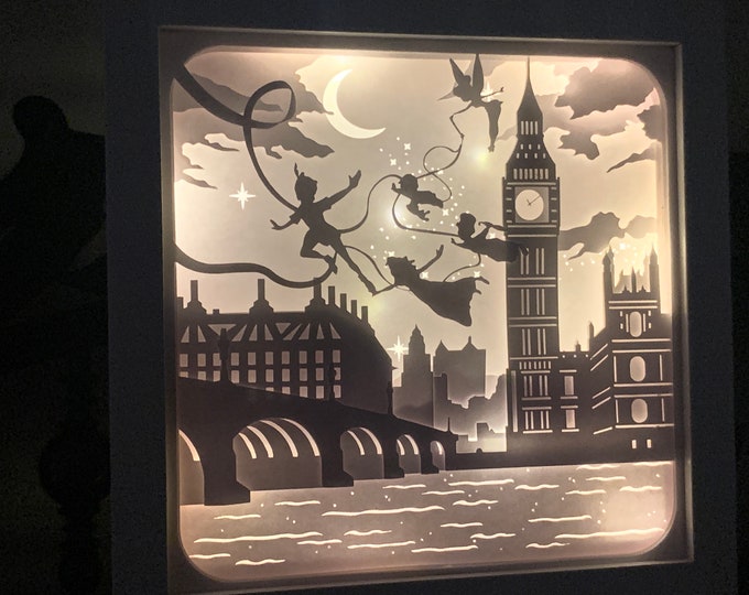 Peter Pan, Tinkerbell and the children, Neverland, Lightbox lighted shadow box frame , light lamp, bedroom decor, great for nursery