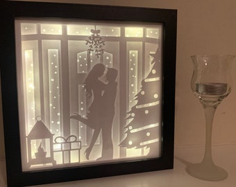 Couple Kissing under the Mistletoe, First Christmas decor, Christmas LED lamp, Christmas Shadow Box, Christmas gift, Christmas home decor
