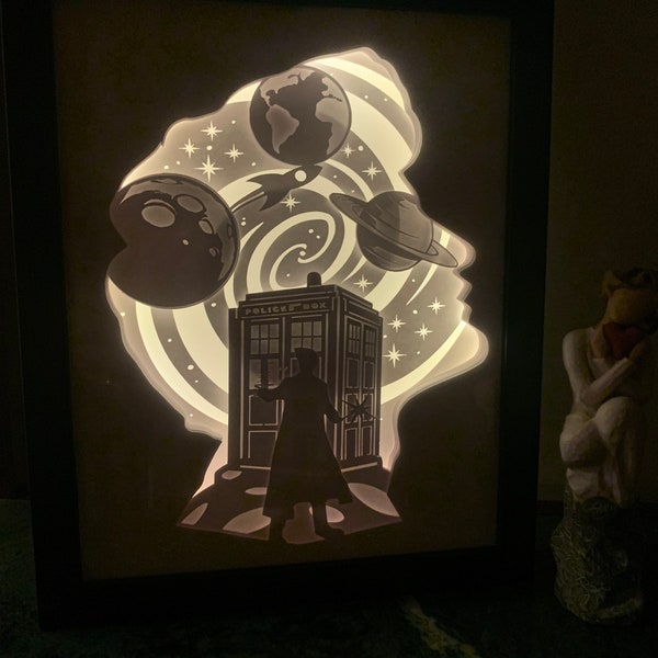 Doctor Who, Dr Who, Science Fiction, Decorative Shadow Box Shadowbox Frame, LED lamp, wall art, sign.  Gift for Sci Fi Fan, Game Room decor