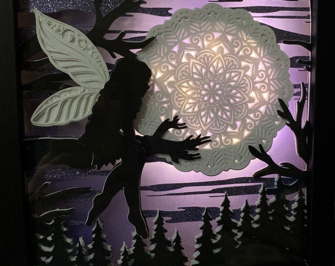 Fairy on Tree looking at the Moon frame, Lightbox lighted shadow box, light lamp, bedroom decor, 8 x 8