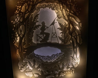 Girl Artist Painting Constellations in the Midnight Sky, Lightbox lighted shadow box frame, light lamp, bedroom decor, great for kids room