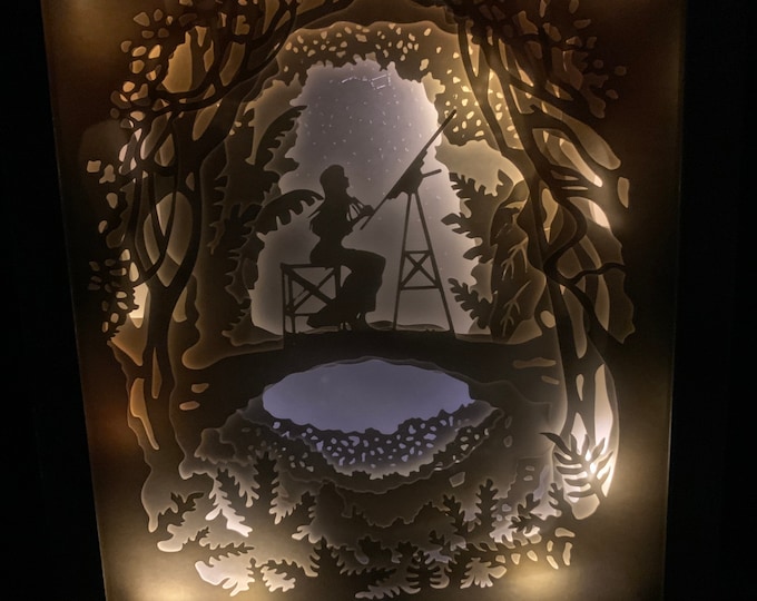 Girl Artist Painting Constellations in the Midnight Sky, Lightbox lighted shadow box frame, light lamp, bedroom decor, great for kids room