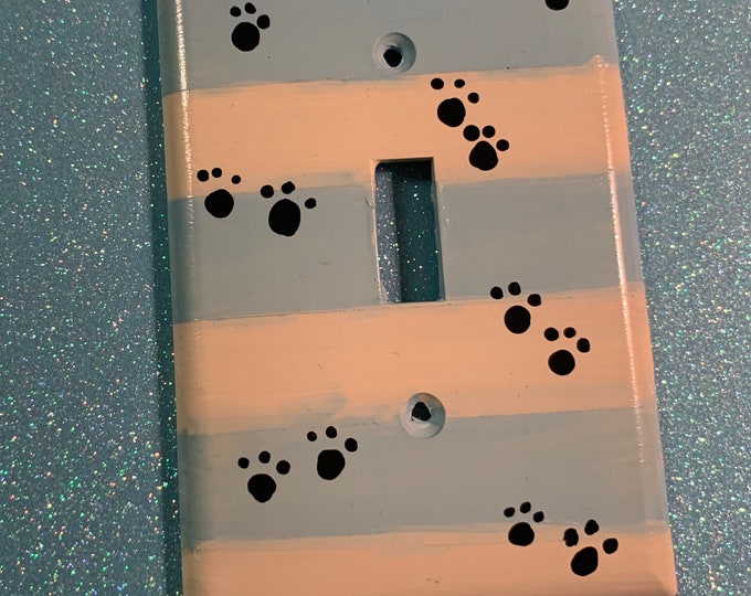 Blue Stripes and Black Paw Prints, dog or cat, Light Switch Cover Plate, Created by Autistic Artist, Support Art in Autism, Spread Awareness
