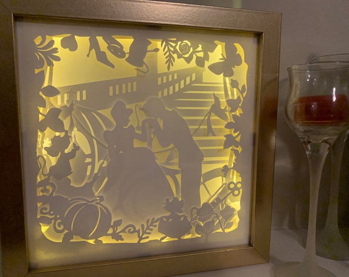 Princess Cinderella and Prince Charming! Decorative Light Shadow Box Shadowbox Frame, Great gift for nursery or Bedroom Decor. Wall art sign