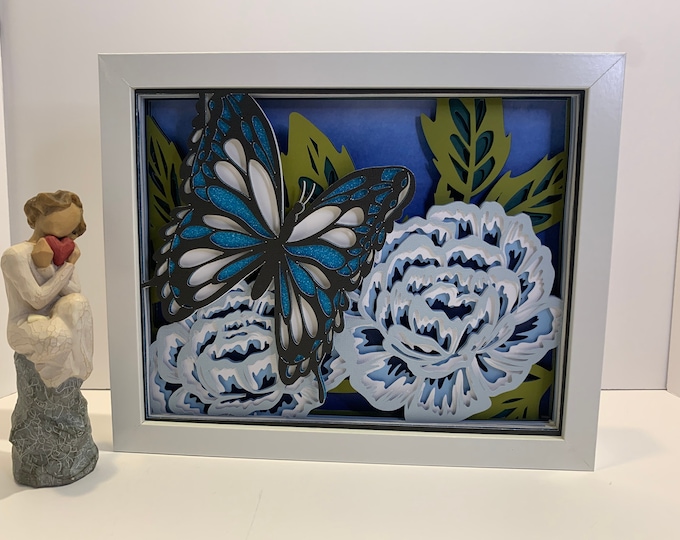 Butterfly decor, layered on Flower Decorative Shadow Box Shadowbox Frame, decor. Great gift!  Beautiful & unique