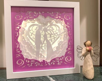 Wedding Couple Shadow Box: LED Lit, Customizable Colors