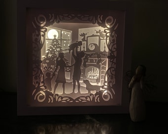 Family by the Christmas Tree, ,Christmas home decor, Christmas LED lamp, Christmas Shadow Box, Christmas gift, Christmas decor