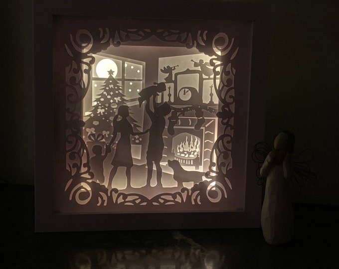 Family by the Christmas Tree, ,Christmas home decor, Christmas LED lamp, Christmas Shadow Box, Christmas gift, Christmas decor