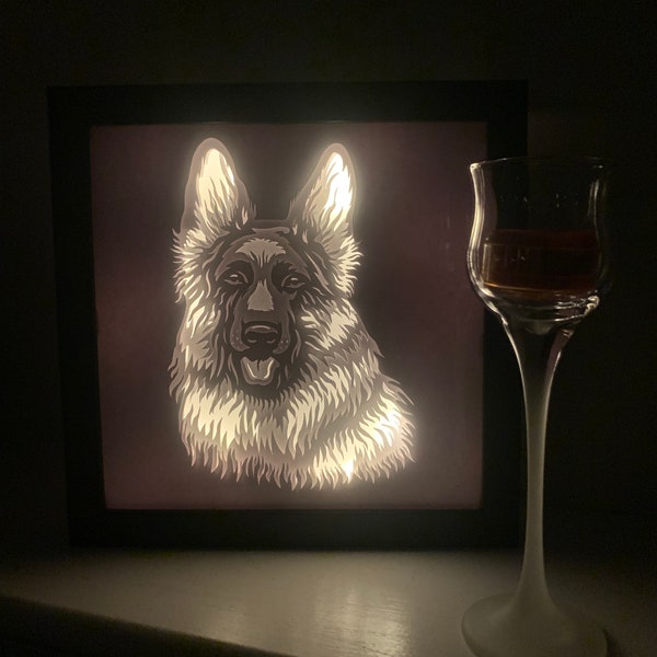 German Shepherd gift, dog picture, Dog frame, paw print, Lightbox lighted shadow box, light lamp, wall decor, great for a Memorial piece