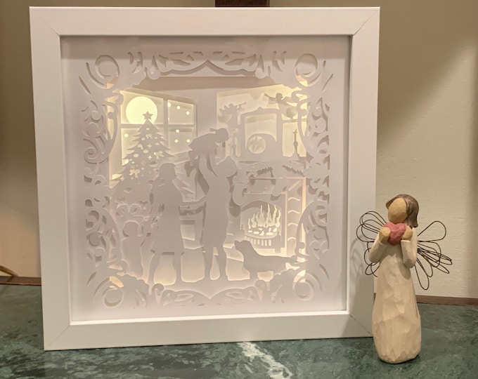 Family by the Christmas Tree, ,Christmas home decor, Christmas LED lamp, Christmas Shadow Box, Christmas gift, Christmas decor